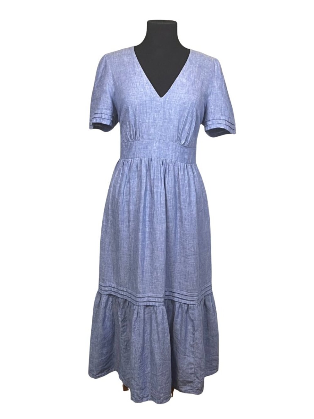 Boden 100% Linen Blue Tiered V-Neck Dress Size 12R